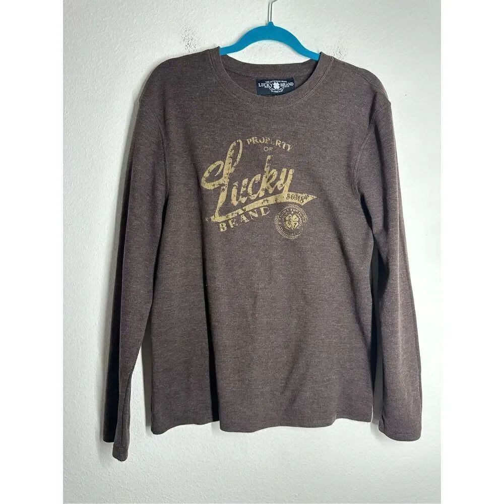 Lucky Brand Long Sleeve Waffle Cotton Blend Graphic T-Shirt Size XL Brown